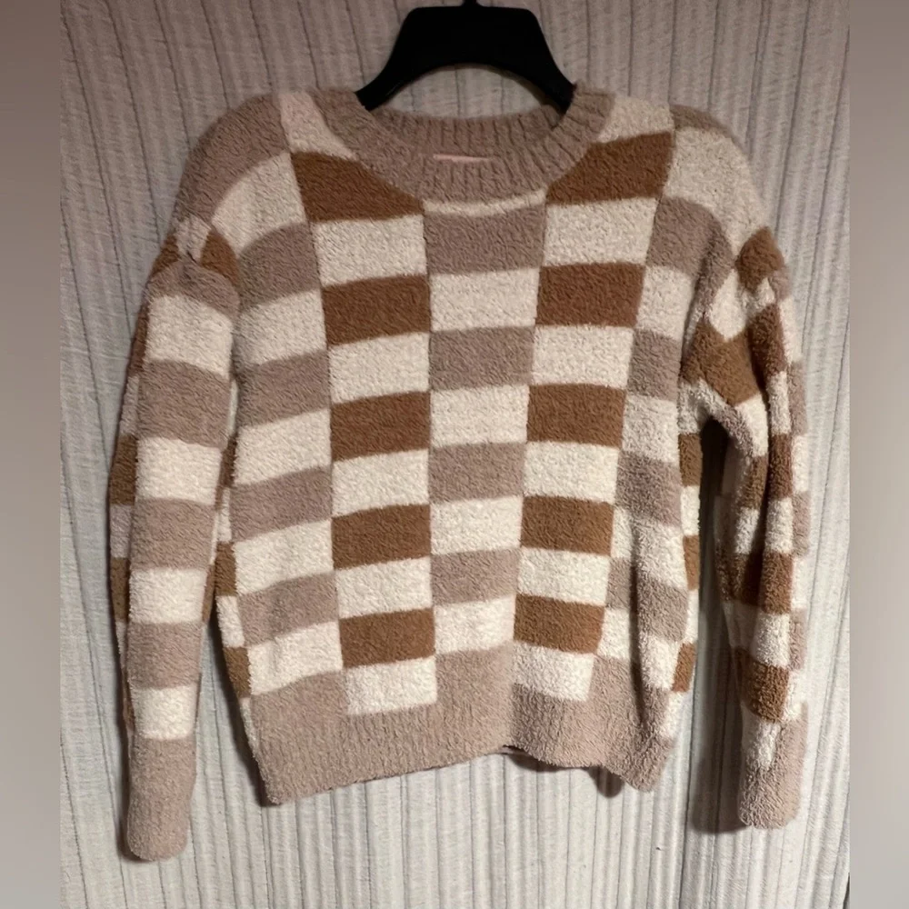 Pink Lily Checkered Brown, Beige and Cream Teddy Bear Sweater - Picture 1 of 4